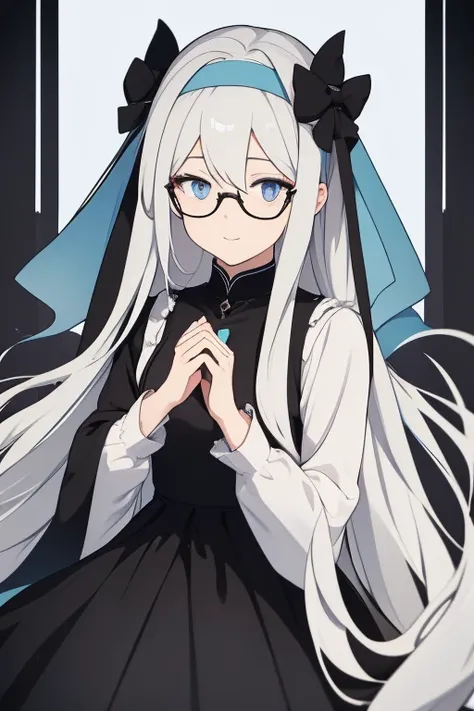 Young woman long white hair black headband black bow light blue eyes light blue dress glasses very happy