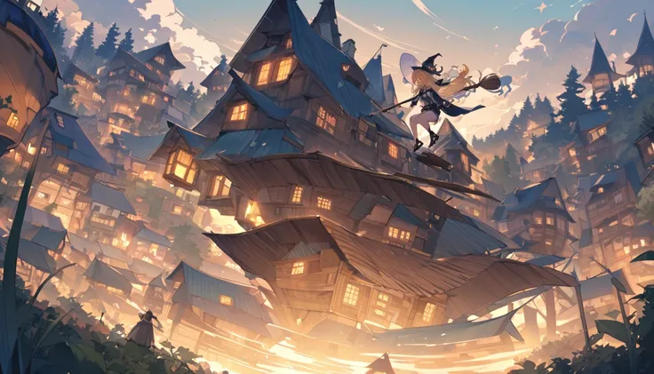 Woman flying in the air astride a broom,witch,Blonde,Below you can see houses, forests, and the sea.