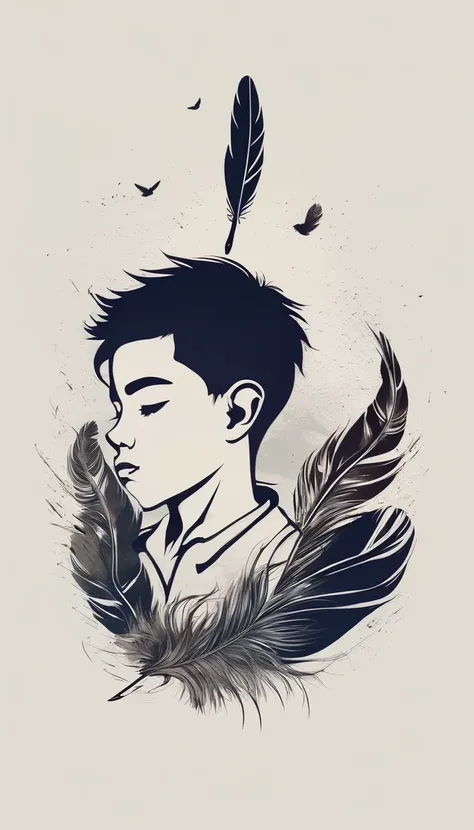 A minimalist, fantastic, poetic, dreamy, captivating, memorable, masterpiece, modern, simple logo design of a boy and a feather for the brand “Penamemoria". The logo must convey a sense of music, stories and dreams. Minimalistic logo design of a boy and a ...