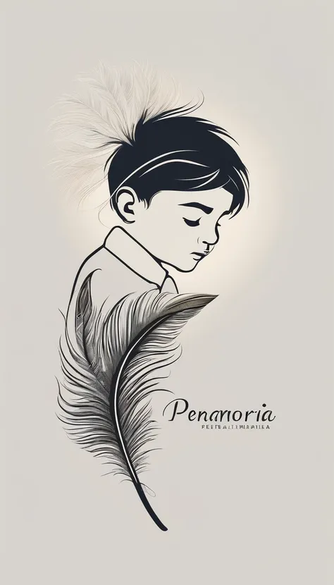 A minimalist, fantastic, poetic, dreamy, captivating, memorable, masterpiece, modern, simple logo design of a boy and a feather for the brand “Penamemoria". The logo must convey a sense of music, stories and dreams. Minimalistic logo design of a boy and a ...