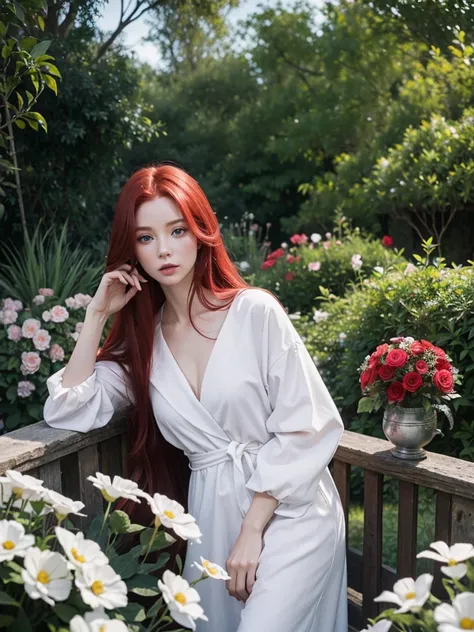 Long red hair, blue eyes, serious features, white skin, loose style, in a garden, with flowers 