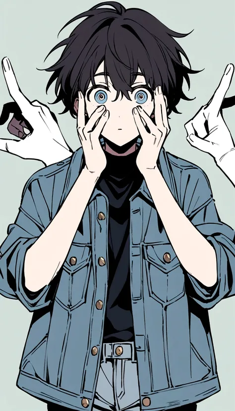 Create an anime-style illustration of a boy with short, slightly messy dark hair. He should be wearing an oversized blue denim jacket. The boys expression should be one of surprise or shock, with wide eyes and his hands held up to his face, fingers spread ...