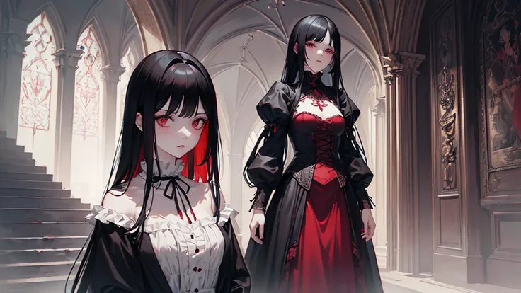 Art, An detailed illustration of (girl with straight black hair wearing a white and dark red dress and big, pale skin and red eyes with a scary look 4k, retro gothic, dark fantasy, victorian style, highly detailed, anime style, intricate, octane render, ex...