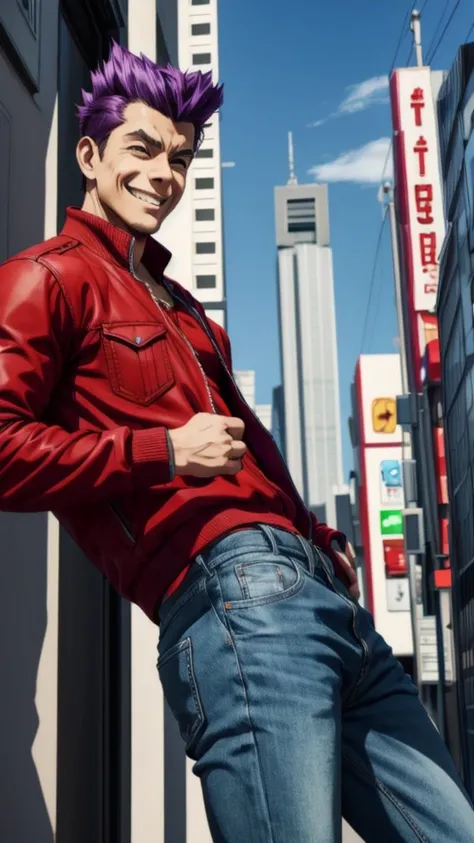 bad boy, low angle, purple pompadour, red jacket and jeans, looking at camera, smiling, tokyo city，pocket hand、solo