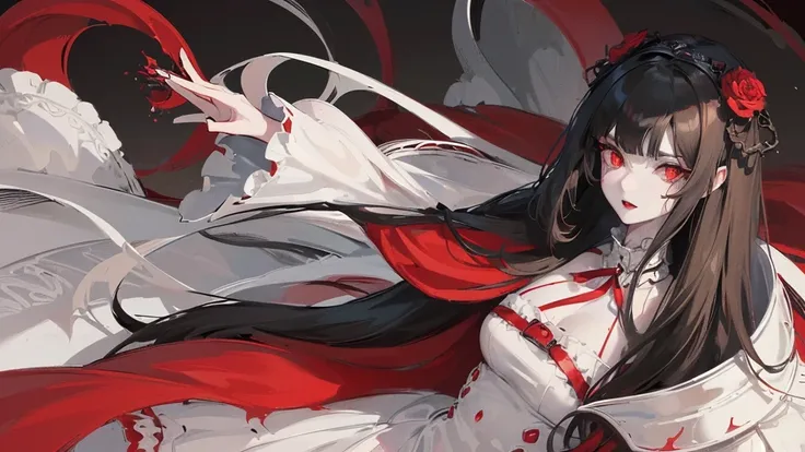 only one girl Art, An detailed illustration of (girl with straight black hair wearing a white and dark red dress and big, pale skin and red eyes with a scary look 4k, retro gothic, dark fantasy, victorian style, highly detailed, anime style, intricate, oct...