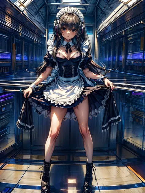 (Perfect Anatomy:1.2, Highest quality),(Maid leotard details:2.0),One Girl,alone,Long Hair:1.5, (Short sleeve, Thighs,Maid Cufflinks),,Hypno Lola, Hollow Eyes,(High heel lace-up boots:1.4), (Without skirt:3.0),Dark aura,Leotrad,,love for viewers,Look down,...