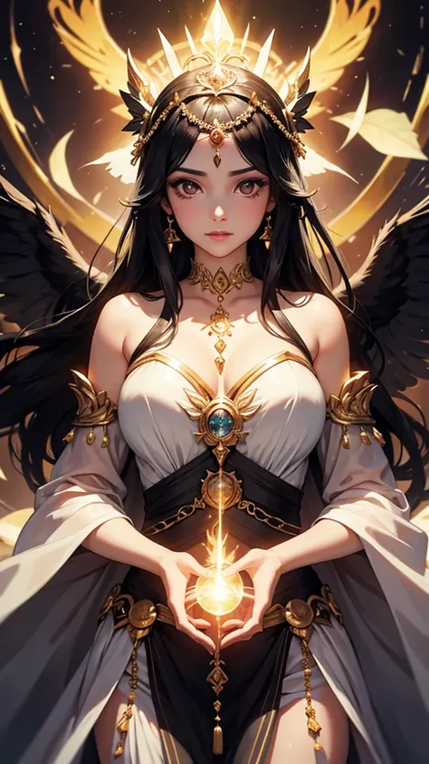 A beautiful black-haired woman transformed into the goddess of light