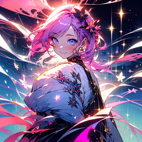 (Beautiful and aesthetic:1.2)、(1 Girl:1.3)、（Black and pink hair:1.2)、Wearing a wedding dress、Cosmos、miracle、happinessそうなsmile、smile、happiness、Cosmosが咲き誇る、Fantastic space、