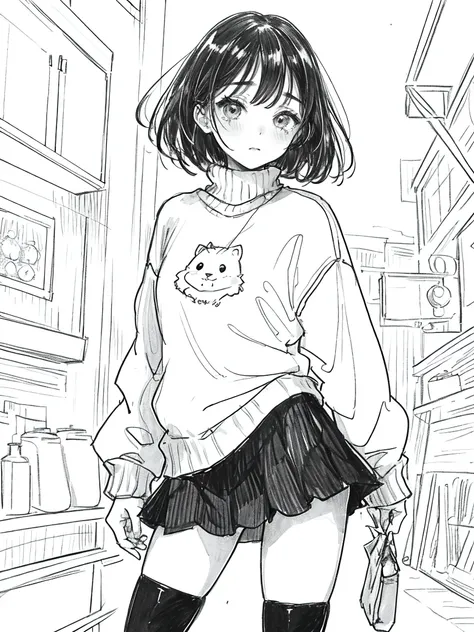 One Girl,Line art,Monochrome,sketch,Pencil drawing,Traditional Media,One Girl, Upper body,Shes in trouble,pattern,sweater,Beaver ,Delicate body、mini skirt、black tights、Open leg pose、, Long sleeve, With legs apart, alone、(Cute Teenage Girl, alone),Beautiful...