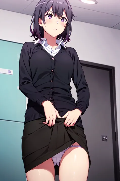 Haruno Yukinoshita, Haruno Yukinoshita, short hair, Hair between the eyes, (black目:1.5), black髪, Gradient Hair, Two-tone hair, Purple Hair, ３０Attractive woman in her teens,
break shirt, whiteのシャツ, Collared shirt, cardigan, black_Open_cardigan,
break outdoo...