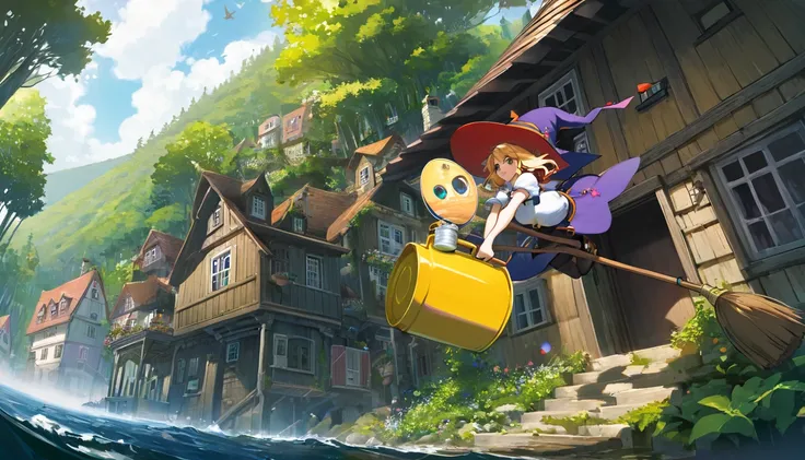 Woman flying in the air astride a broom,witch,Blonde,Below you can see houses, forests, and the sea.