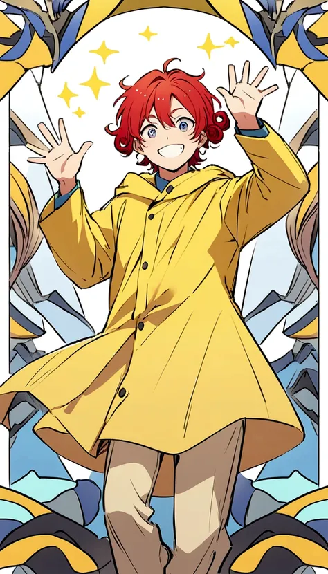 Create an anime-style illustration of a boy with medium-length curly red hair. He should be wearing a yellow raincoat. The boys expression should be one of joy, with a wide grin and his hands waving in the air. The background should be a plain, light blue ...