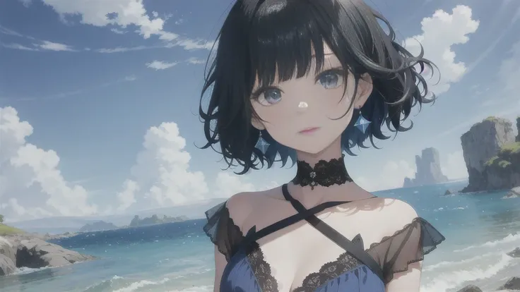 In this stunning animated masterpiece, It depicts a seductive scene featuring a young girl with short black hair and curly bangs.。.。. The vibrant blue sky creates a breathtaking backdrop, Perfectly accentuates the beauty of girls&#39;surrounding environmen...