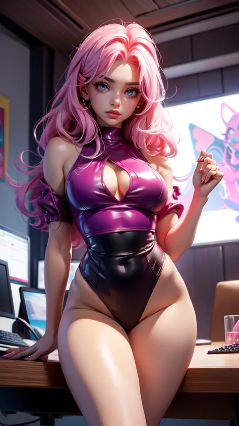 Best quality, Masterpiece, Portrait, Perfect anatomy, Femininity, Cool, Flawless, , Solo, Sexy, Stylish, Mature, Purple eyes, Long light pink hair, Mole above lip, Red lipstick, Large breasts, in a top and thong, in high socks, on a gaming chair, a joystic...