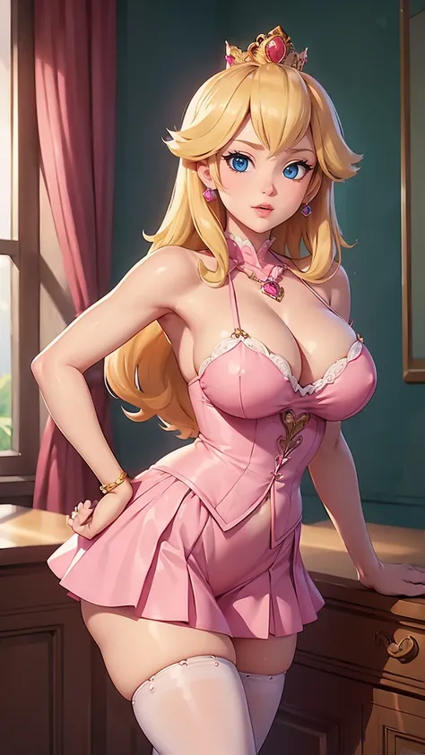 ((Masterpiece)), ((Best Quality)), (detailed), perfect, Alone, peach, beautiful woman in pink miniskirt, delicious lips, wide, big chest, deep neckline,  pose sexy