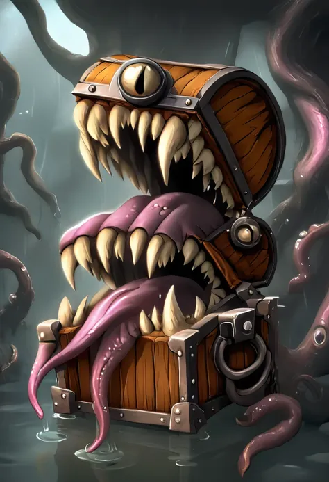 a detailed steampunk-inspired illustration of a creature imitating a ((open iron chest well-formed maw, sharp teeth, long tongue...