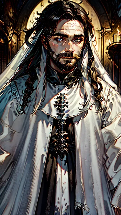 priest catholique dark face scretch satanique, transparent eyes rolled back, semi-long hair, beard, dress that covers hair, eat ...