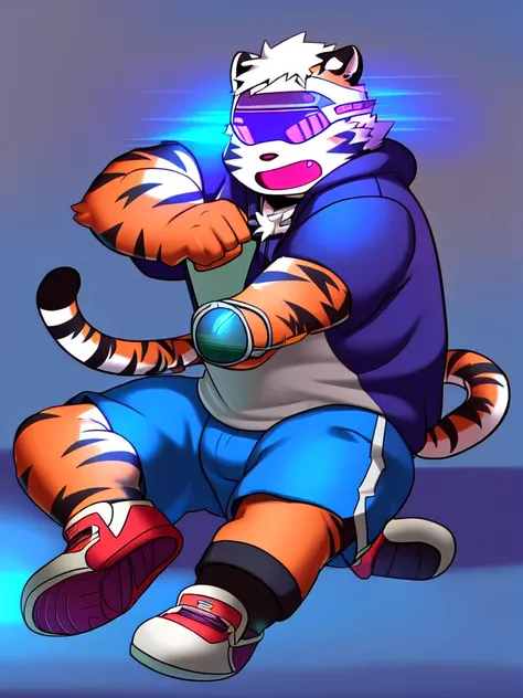 New Jersey 5 Hairy, masterpiece, high quality, anime, detailed eyes, male kosutora, anthro, tiger, Great physique, strong arms manly, (((orange tiger))), (((white hair))), goatee, white eyebrows, detailed purple eyes, tall, Joyful, (dark blue short hoodie)...