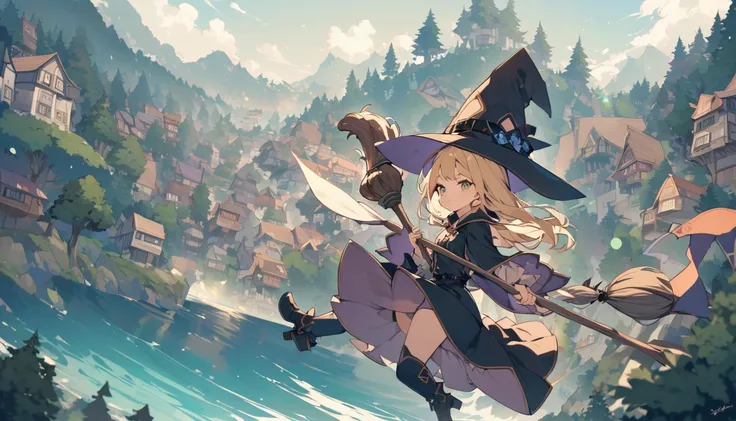 Woman flying in the air astride a broom,witch,Blonde,Below you can see houses, forests, and the sea.