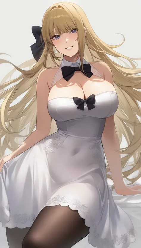 (1girl,20 years old,mature female),blonde hair,long hair,white dress, sleeveless,black bow tie, bare shoulders,smile,cleavage,pantyhose,evil smile,((white background)), aesthetic, detailed, beautiful color amazing quality, best quality, high quality