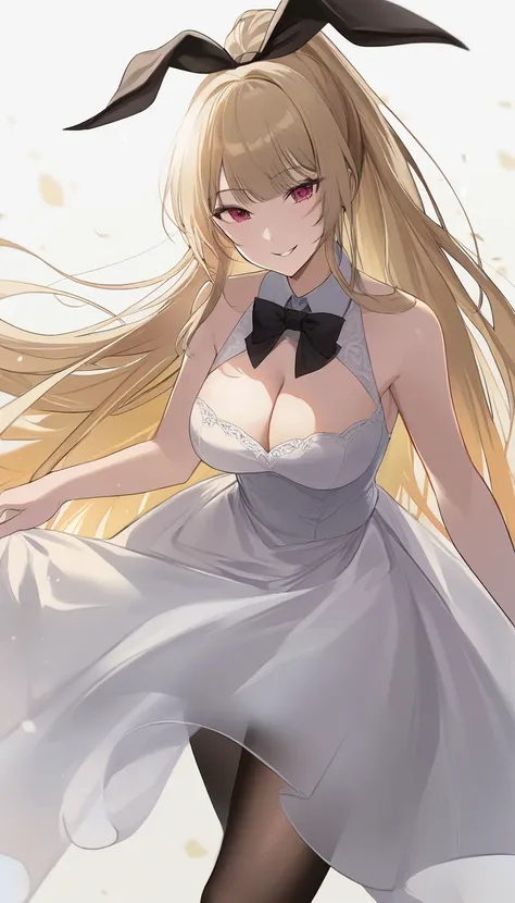 (1girl,20 years old,mature female),blonde hair,long hair,white dress, sleeveless,black bow tie, bare shoulders,smile,cleavage,pantyhose,evil smile,((white background)), aesthetic, detailed, beautiful color amazing quality, best quality, high quality