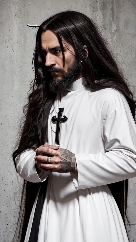 Priest catholique dark face scretch satanique, transparent eyes rolled back, semi-long hair, beard, dress that covers hair, eat a bloody heart , looking to the left side, corne de bouc longue et enroulée, sketch noir et blanc