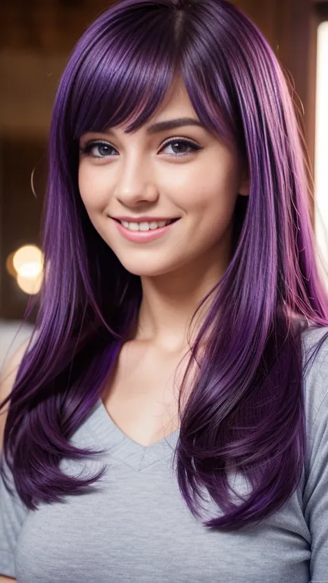 best quality, high quality, a cute girl, solo, beautiful purple hair, beautiful purple eyes, light smile,