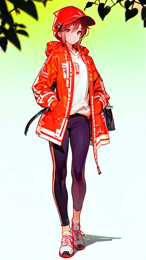 highest quality、masterpiece、Girl、Red coat、hooded sport coat、whole body，black pants、sports shoes、game portrait