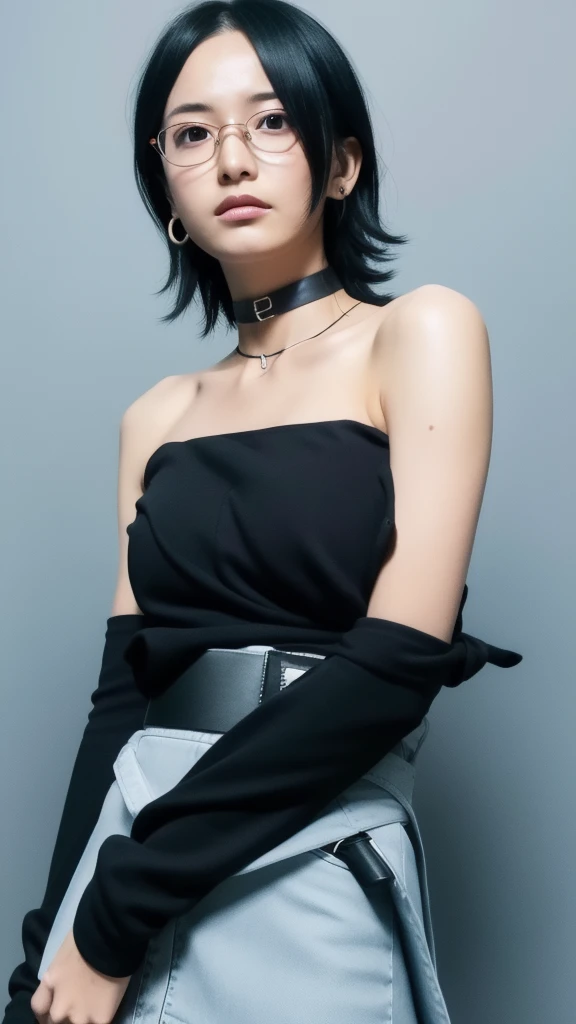 ((Matserpiece)), best quality, highres, Sarada, age up, mature, adult, time skip, sort hair, thin glasses, bare shoulder, black jacket, tube top, black tube top, simple back grounr, sexy pose, black eyes, black hair, close up, earing, collarbone, uchiha sy...