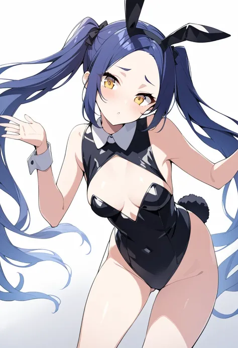 (One very tall woman,Navy Blue Hair,Her hairstyle is twin tails that expose her forehead.,Medium chest,yellow eyes,Dynamic Angle)All-black bunny outfit,