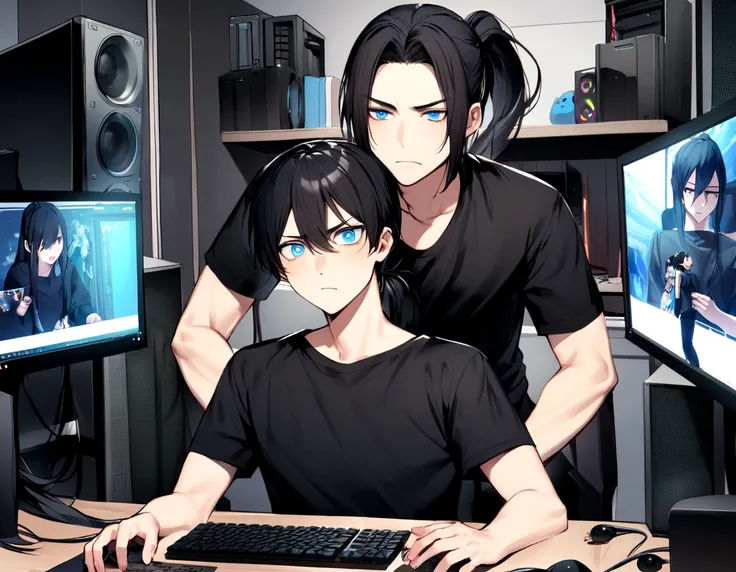 Create an image of a man with long black hair, Someone stuck in a ponytail. He is dressed in black, Includes black t-shirt and black pants. He has blue eyes and an expression of boredom. Behind him, Has 3 monitors and a gaming PC. The image must be very de...