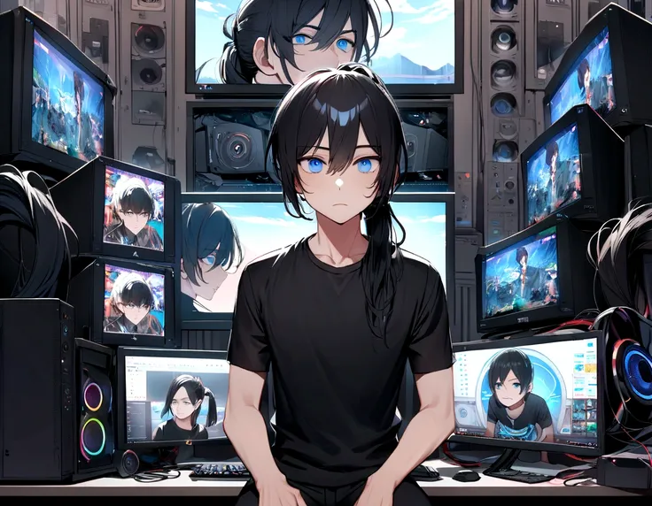 Create an image of a man with long black hair, Someone stuck in a ponytail. He is dressed in black, Includes black t-shirt and black pants. He has blue eyes and an expression of boredom. Behind him, Has 3 monitors and a gaming PC. The image must be very de...