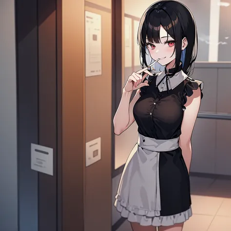 A black-haired maid is smoking a cigarette outside, smiling fearlessly.。