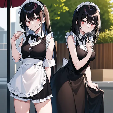 a black-haired maid is smoking a cigarette outside, smiling fearlessly.。