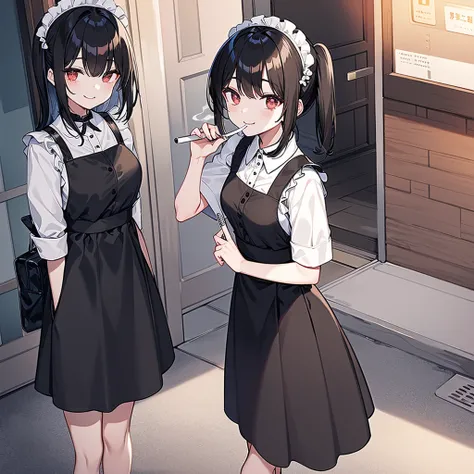 A black-haired maid is smoking a cigarette outside, smiling fearlessly.。