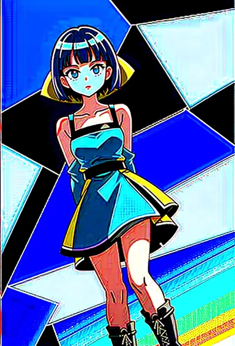 20 years old anime girl, with short dark blue hair to the shoulders, a serious yet tender expression, and bright light blue eyes. She dresses in an antique style, wearing a long dark blue skirt that reaches her knees, and small dark brown boots up to her a...