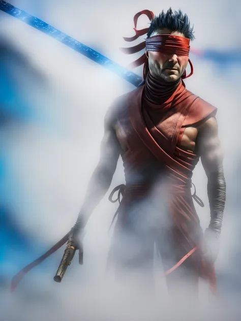 "create a highly detailed digital painting of kenshi from mortal kombat. kenshi is standing in a dynamic fighting pose, his red ...