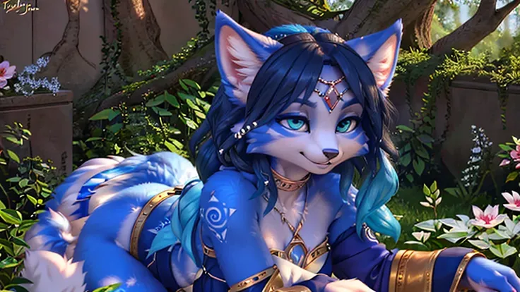 A beautiful and detailed (sweet portrait) wa ((Krystal)), Star Fox Krystal, sslim, lovable, green eyes, medium breasts, (((Long blue hair 1.3))),  ((black hair tips)), Decollete, grin, look up,, anthro, furry, Uploaded E621, detailed fluffy fur, (wa Fluff-...