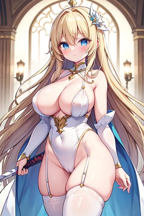 (masterpiece), (highest quality), ((Super detailed))、(super delicate)、Cute naughty knight armor girl、Pastel colors hair、(large breasts:1.2, Thighs:1.2, thick legs:1.2, curvy:1.2)、Gorgeous、blonde hair, hair down, bangs between eyes, long hair, blue eyes,(na...