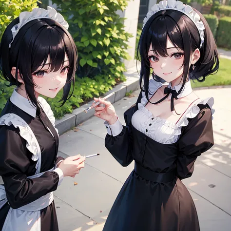 A black-haired maid is smoking a cigarette outside, smiling fearlessly.。