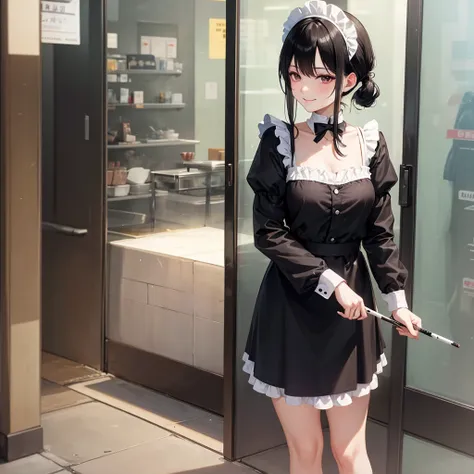 A black-haired maid is smoking a cigarette outside, smiling fearlessly.。