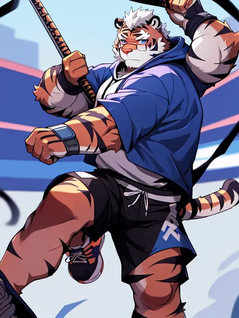 New Jersey 5 Hairy, masterpiece, high quality, anime, detailed eyes, male kosutora, anthro, tiger, Great physique, strong arms manly, (((orange tiger))), (((white hair))), goatee, white eyebrows, detailed purple eyes, tall, Joyful, (dark blue short hoodie)...