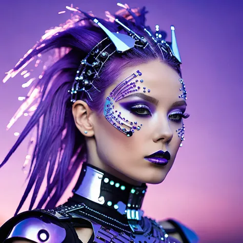 Cybergoth fashion cyborg photography, minimalism, motion blur, extremely subtle miniature glowing inlaid subdermal algorithmic OLED makeup with gentle soft subsurface scattering, cybernetic influences, purple sky ambience, shallow depth of field