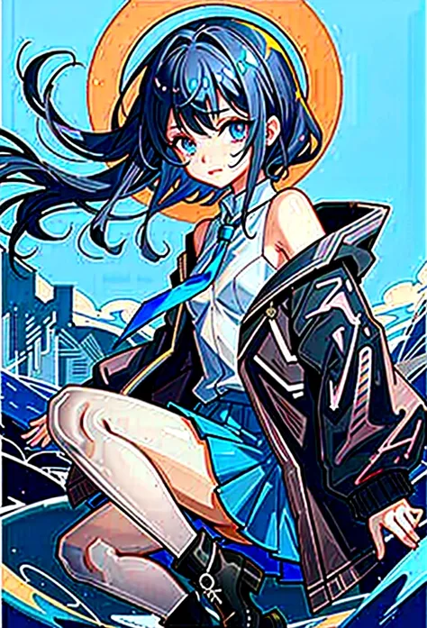 20 years old anime girl, with short dark blue hair to the shoulders, a serious yet tender expression, and bright light blue eyes. She dresses in an antique style, wearing a long dark blue skirt that reaches her knees, and small dark brown boots up to her a...