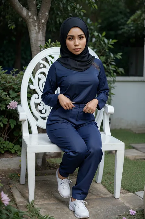 Caricature 3D Realist, caricature big head of a 25 year old Indonesian woman fullbody, wearing a dark blue hijab, wearing Muslim clothes, trousers, wearing white sports shoes, sitting on a chair,shot angle, beautiful butterflies flowers background, HD qual...