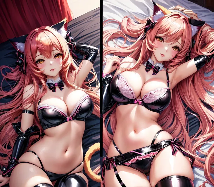 anime girl in latex with a cat ears and a bra, seraphine ahri kda, attractive cat girl, ahri, anime catgirl, beautiful anime catgirl, seductive anime girl, cat girl, very beautiful anime cat girl, extremely detailed artgerm, commission for high res, [ 4 k ...