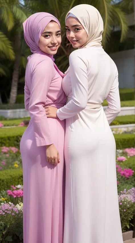 Two Malay girl in hijab wear baju kurung, pastel color, seating, front view, detail skin, detail skin texture, mole below eyes, big breast, big hip, big waist, big thigh, slim abs, beautiful body,back, beautiful buttocks, beautiful buttocks, from behind, (...