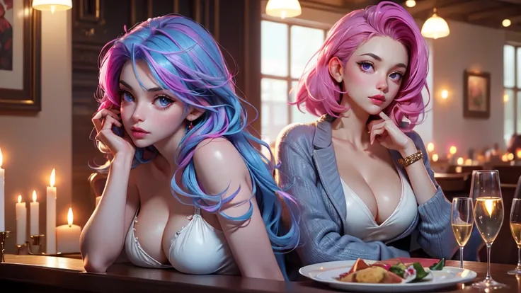 Best quality, Masterpiece, Portrait, Perfect anatomy, Femininity, Cool, Flawless, , Solo, Sexy, Stylish, Mature, Purple eyes, Long light pink hair, Mole above lip, Red lipstick, Big breasts, Outfit, in a restaurant with a girl with light blue hair drinks c...