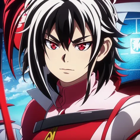 1 boy, shu kurenai, beyblade burst, looking at viewer, red eyes, white long hair, black and red coat, extremely detailed portrait, highly realistic, photorealistic, 8k, best quality, masterpiece, studio lighting, sharp focus, physically-based rendering, vi...