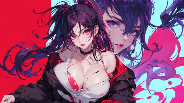 hair above one eye, Purple eyes, Clear Eyes, choker, Neon Shirt, torn legwear, open jacket、Blue pubic hair catches my eye,Bright red background、Red background, graffiti, Shineing grafiti, Shineing tattoos, Shine, Neon Light, Black light,Anime Style, movie ...